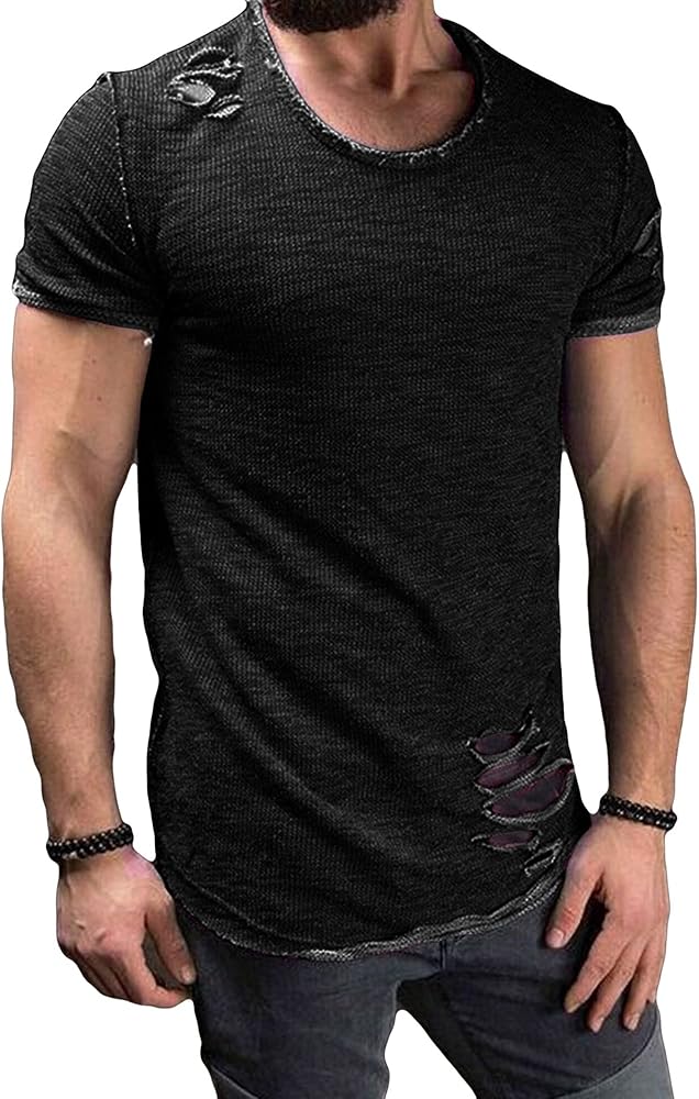 Men's Casual Distressed Ripped T-Shirts Short Sleeve Crewneck Hip Hop Hole Tees Solid Color Workout Gym Shirts