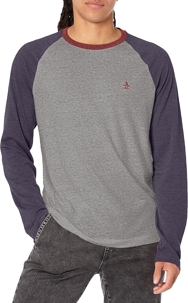 Original Penguin Men's Heathered Color Block Long Sleeve Baseball Tee Shirt