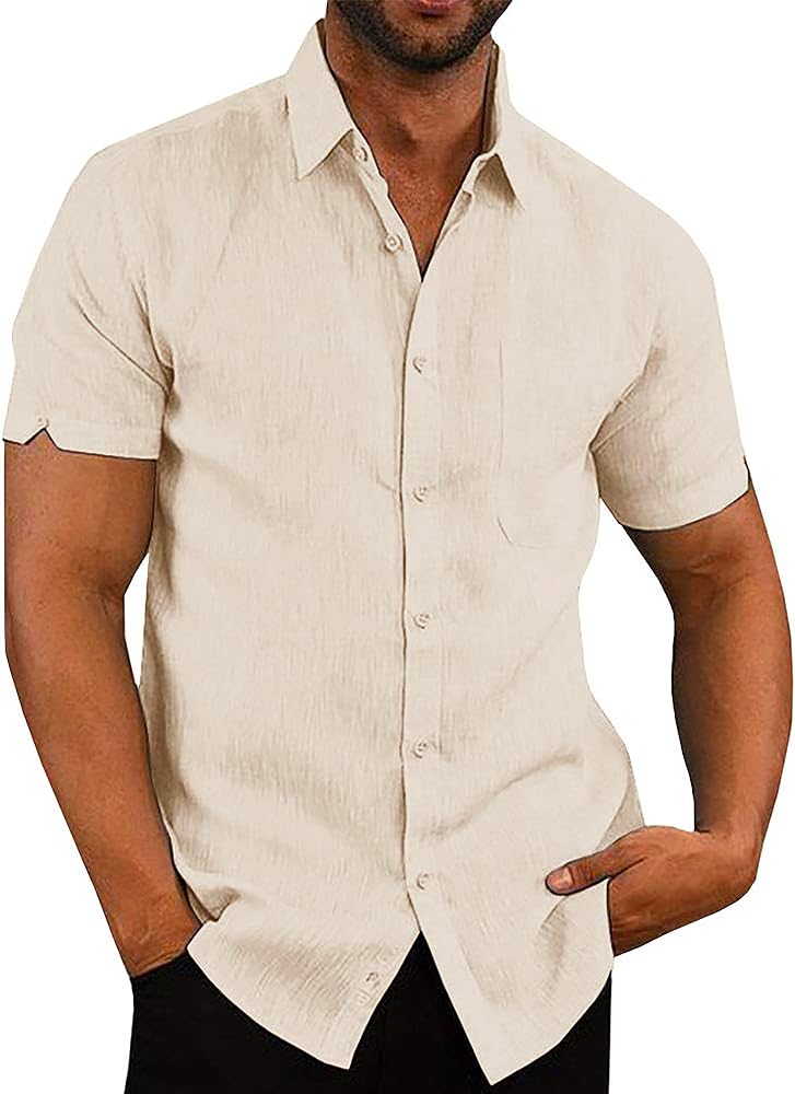 Oyamiki Mens Short Sleeve Regular-Fit Shirt Fishing Tees Linen Casual Button-Down Shirts