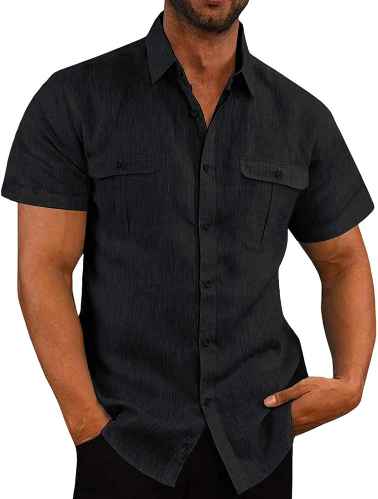 Men's Button Down Short Sleeve Linen Shirt Summer Beach Tshirts Shirts Stylish Casual Shirt with Pockets Collared Work Shirt