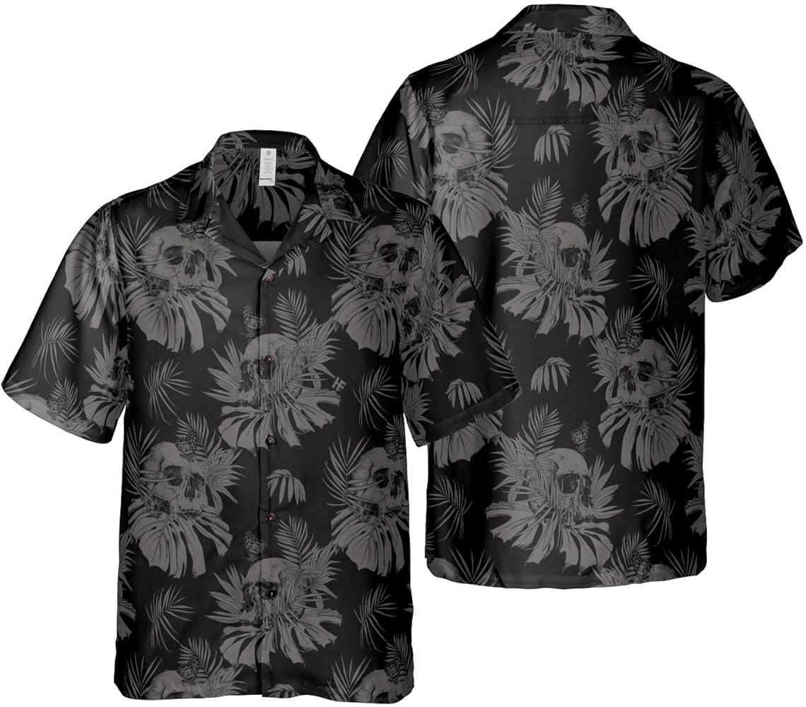 HYPERFAVOR Black Goth Shirts for Men - Seamless Gothic Skull with Butterfly - Casual Short Sleeve Goth Hawaiian Shirts