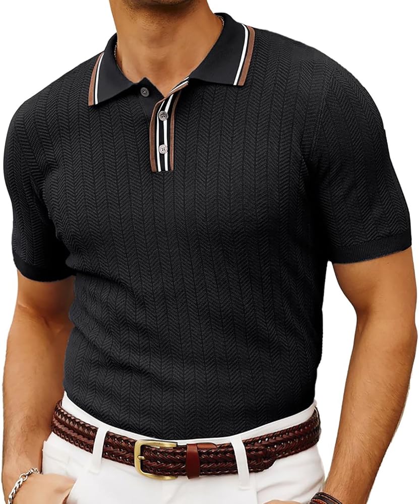 PJ PAUL JONES Mens Knitted Polo Shirts Short Sleeve Textured Pullover Golf Polo T Shirts