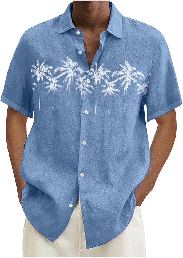 Men's Hawaiian Floral Shirts Cotton Linen Button Down Tropical Holiday Beach Shirts