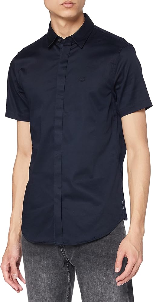 Armani Exchange Men's Short Sleeve Stretch Cotton-Satin Button Up