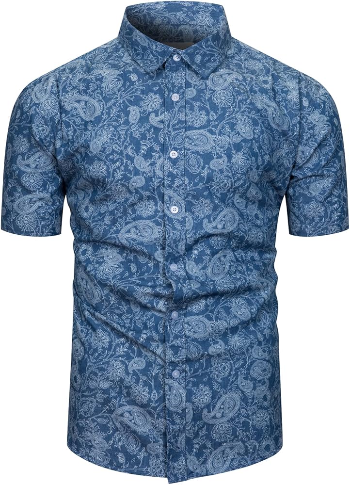 TUNEVUSE Mens Short Sleeve Printed Denim Shirt Blue Button Dowm Casual Western Work Summer Cotton Jean Shirts