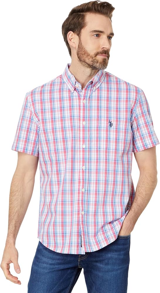 U.S. Polo Assn. Men's Short Sleeve Classic Fit 1 Pocket Yarn Dye Plaid Stretch Poplin Woven Shirt