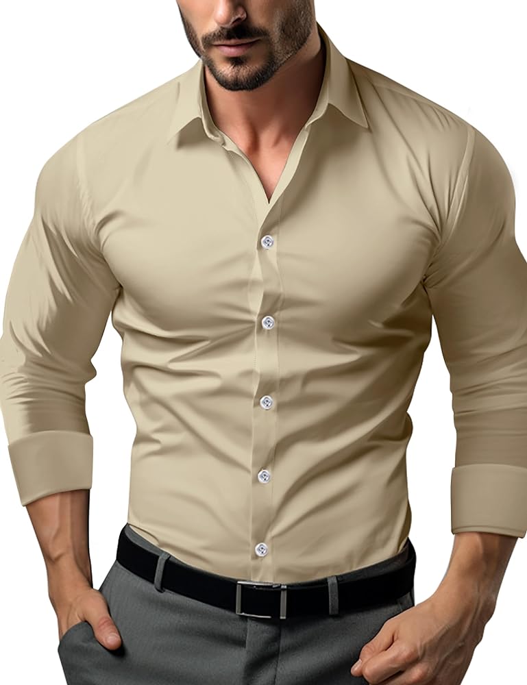 Men's Muscle Dress Shirts Solid Long Sleeve Business Casual Button Down Shirt Slim Fit Stretch Athletic Fit Shirt for Club Wedding Khaki L 17.5 34/35