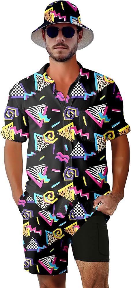 Men's 2 Piece Tracksuit 80s 90s Outfit Button Down 80s Shirts and Shorts Sets with Bucket Hats