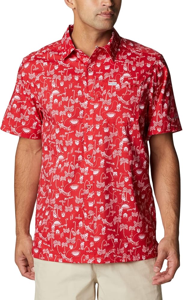 Columbia Men's Super Slack Tide Camp Shirt, Red Spark Santa Fishin Trip Print, X-Small