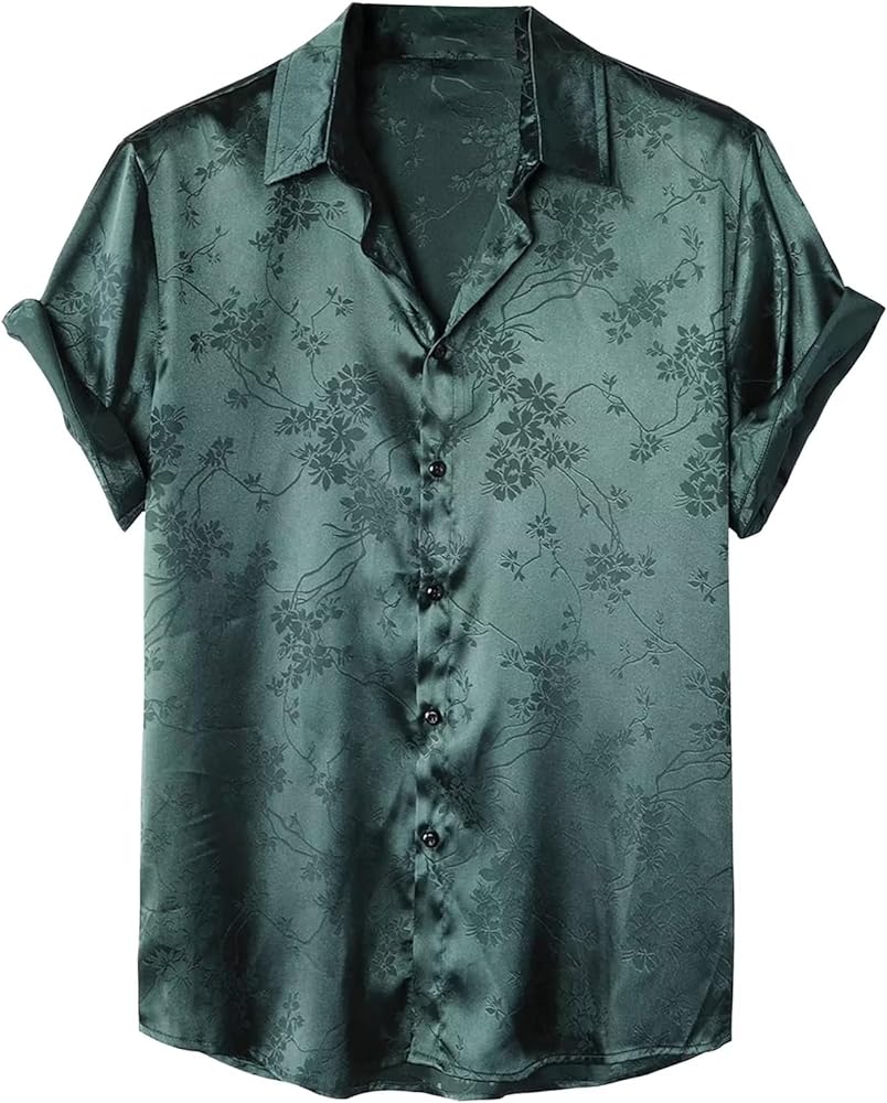 Men's Satin Short Sleeve Button Down Floral Print Shirts Top