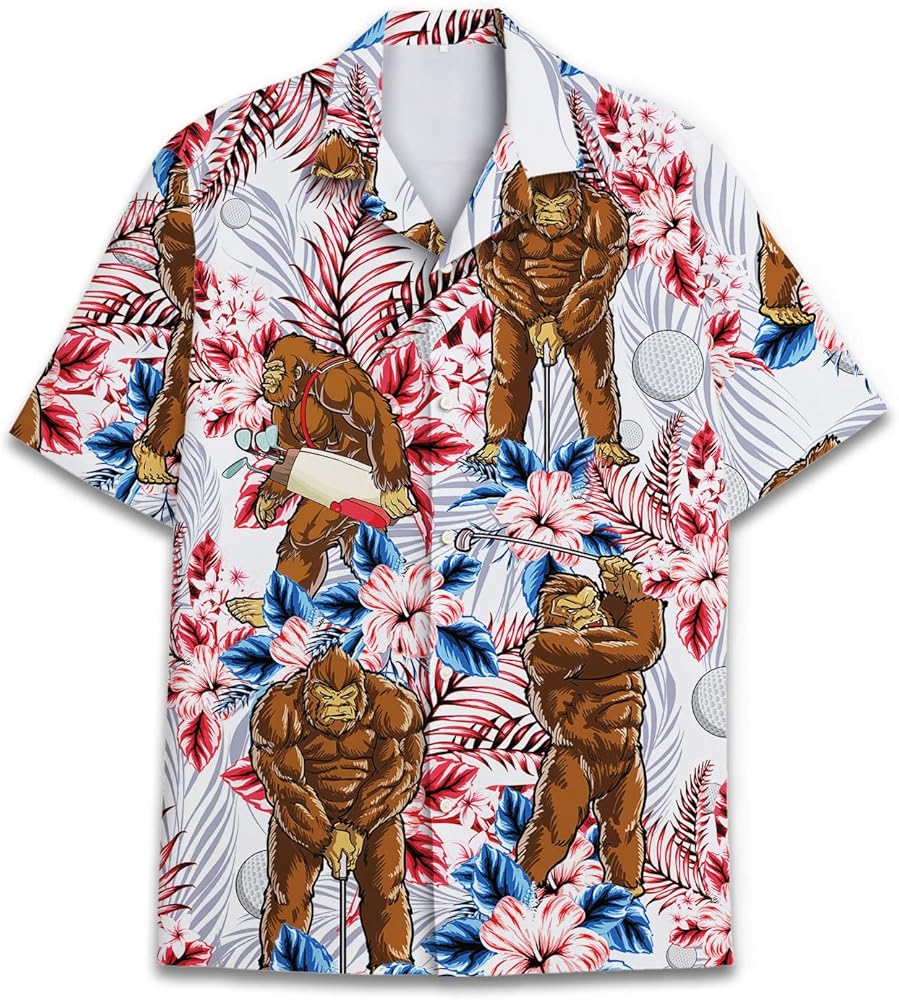 American Bigfoot Hawaiian Shirt for Men, Funny Sasquatch Button Down Mens Hawaiian Shirt Short Sleeve