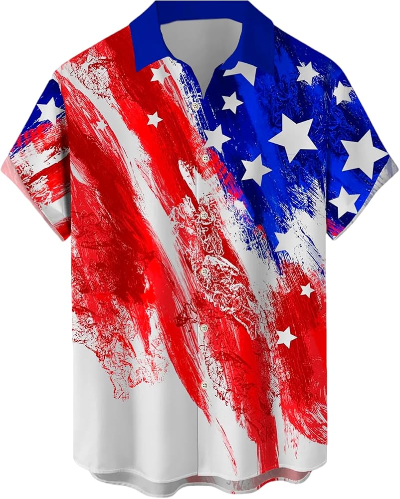 Patriotic Shirts for Men 4th of July American Flag Print Short Sleeve Hawaiian Bowling Casual Button Down Shirt