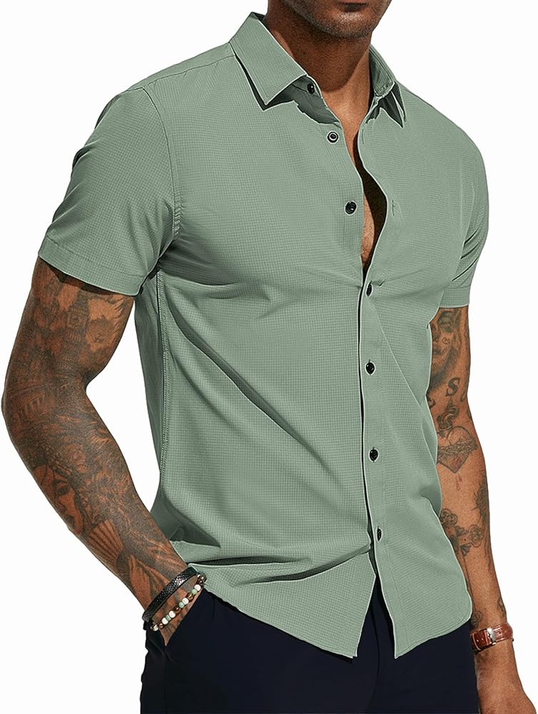 PJ PAUL JONES Mens Short Sleeve Button Down Shirts Wrinkle Free Stretch Dress Shirts for Men Casual Formal Shirt