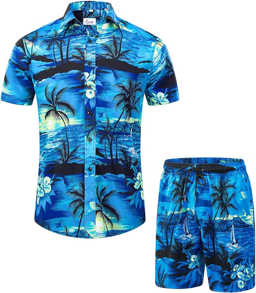 EUOW Men's Hawaiian Shirts and Shorts Set 2 Pieces Button Down Short Sleeve Beach Vacation Outfits