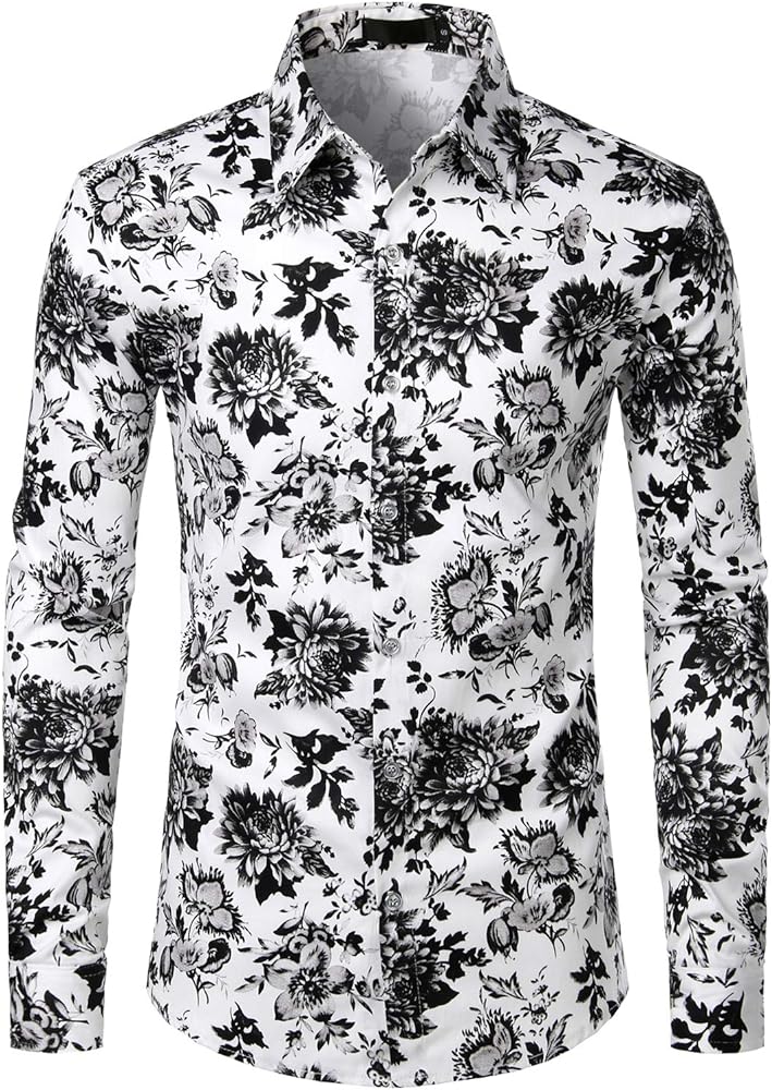 ZEROYAA Men's Floral Slim Fit Long Sleeve Cotton Casual Button Down Dress Shirt