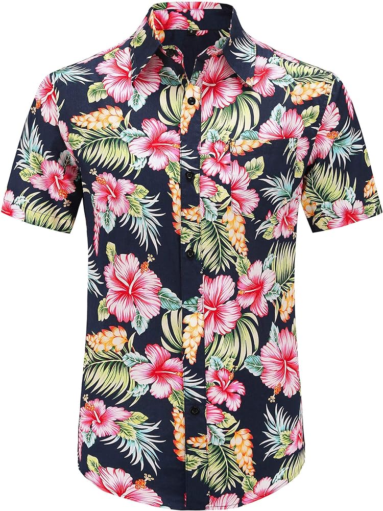 PEGENO Men's Flower Casual Button Down Short Sleeve Hawaiian Shirt