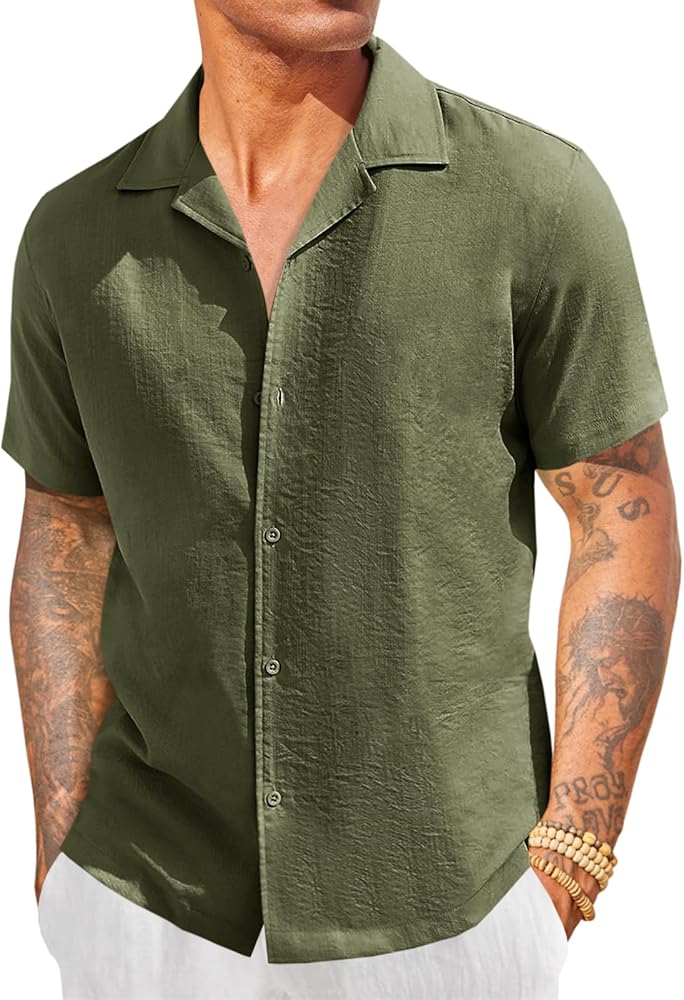 Runcati Mens Button Down Shirts Cuban Casual Short Sleeve Textured Summer Beach Shirt