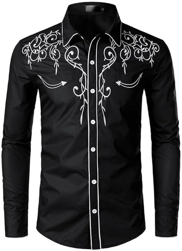 KISSQIQI Mens Western Cowboy Shirt Casual Button Down Long SLeeve Embroidered Shirts Fashion Slim Fit Design Shirts