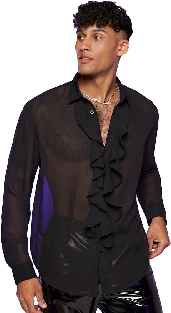 Verdusa Men's Long Sleeve Sheer Mesh Ruffle Trim Button Down Shirt Top