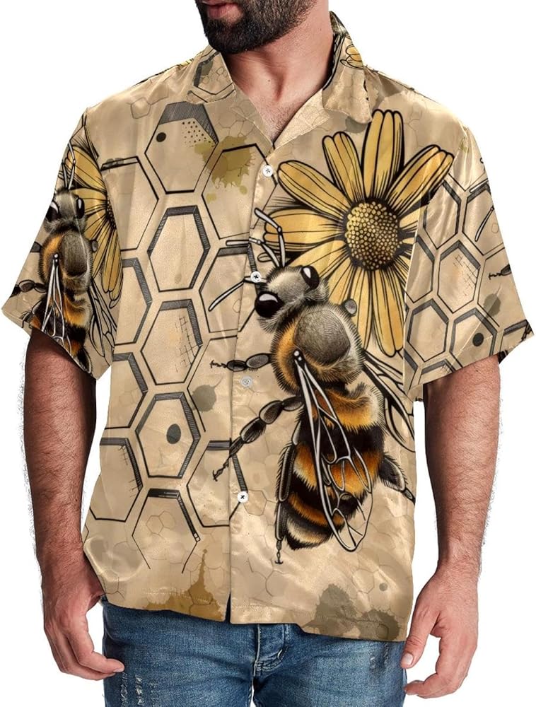 Men's Short Sleeve Hawaiian Shirt Summer Vacation Shirts, Yellow Floral Honey Bee