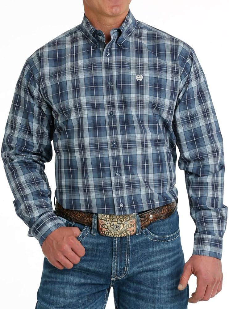 Cinch Men's Plaid Print Long Sleeve Button-Down Western Shirt Blue Medium