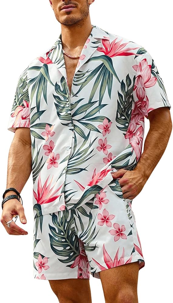 Verdusa Men's 2 Piece Short Sleeve Button Down Shirt and Shorts Set Summer Beach Outfit