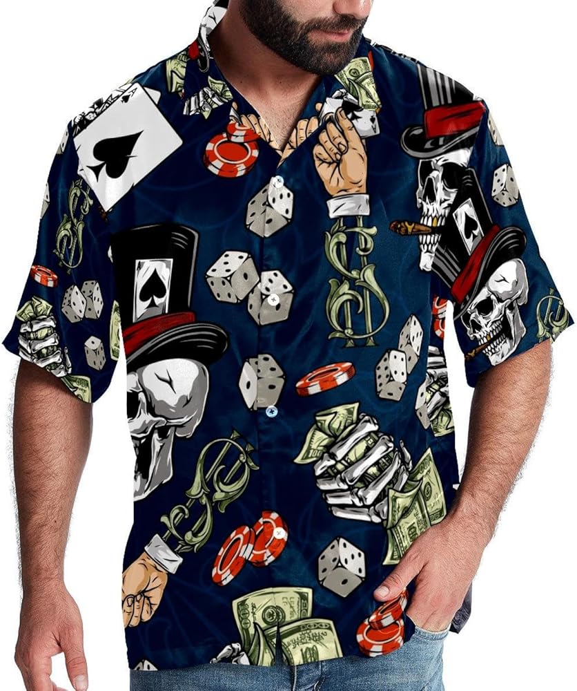 Gambling Dice Chips Poker Cigar Skull Men Casual Button Down Shirts Short Sleeve