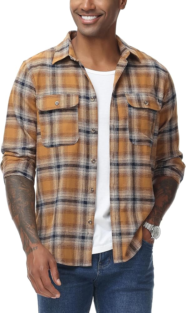 MCEDAR Regular Fit Plaid Flannel Shirts for Men Lightweight Long Sleeve Casual Button Down Shirt