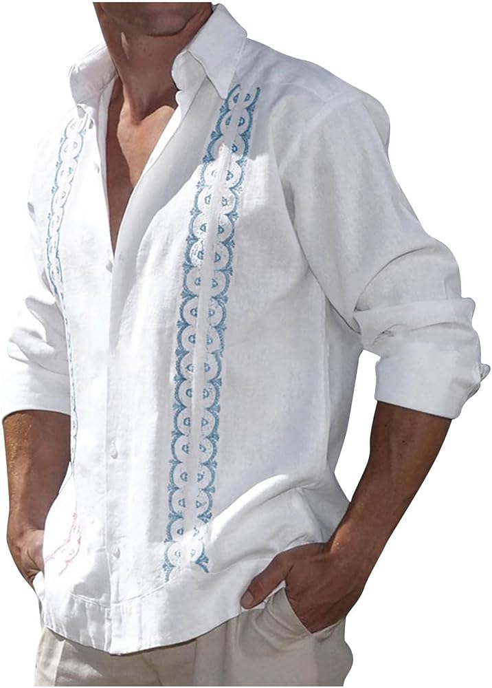 Men's Cuban Guayabera Shirts - Casual Long Sleeve Cotton Linen Button Down Shirt Summer Regular Fit Beach Tops