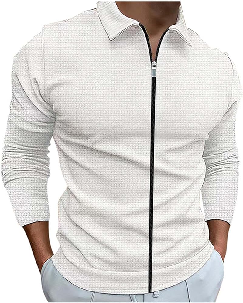 Mens Long Sleeve Zipper Shirts Waffle Slim Solid Lapel Collar Polo Shirt Spring Fall Casual Buisness Golf Sport Shirt Tops