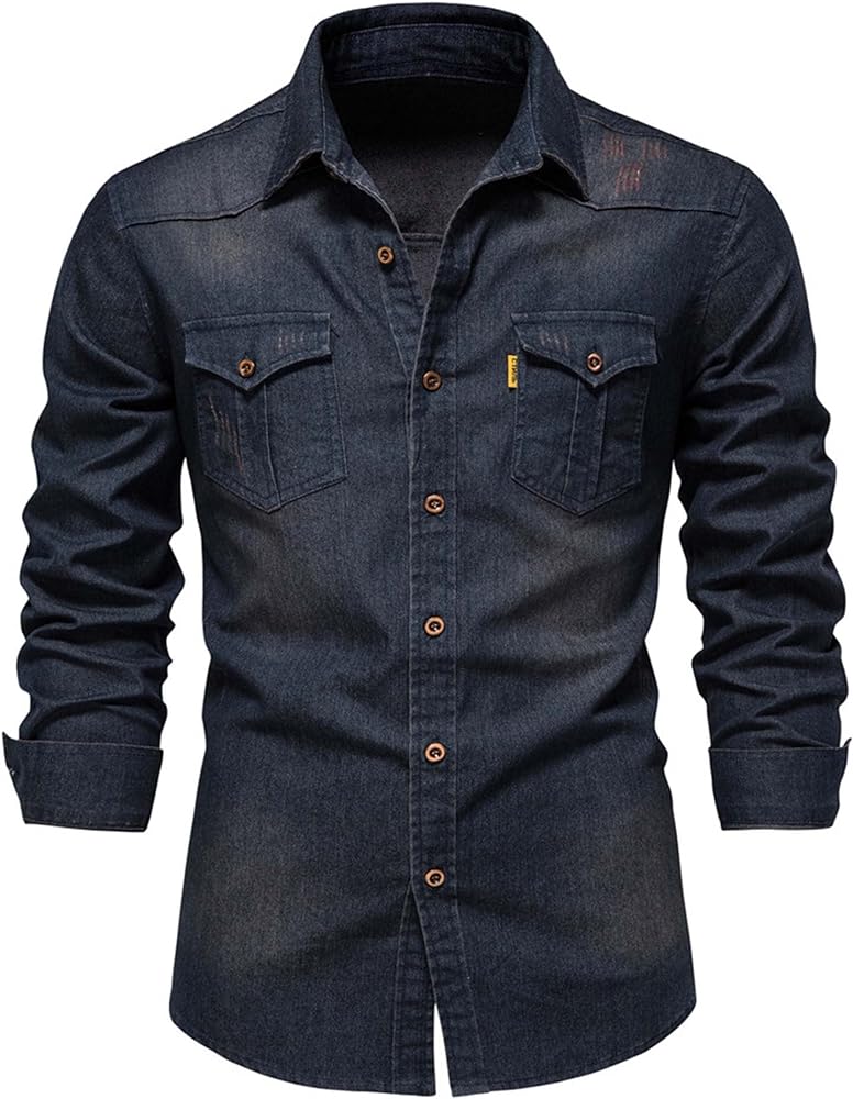 Men's Denim Shirt Casual Slim Fit Button Down Long Sleeve Washed Denim Shirt