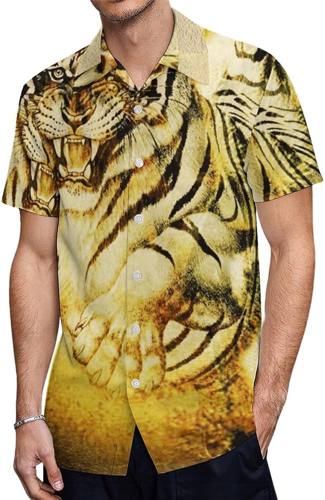 Fierce White Tiger Men's Shirt Button Down Short Sleeve Dress Shirts Casual Beach Tops for Office Travel