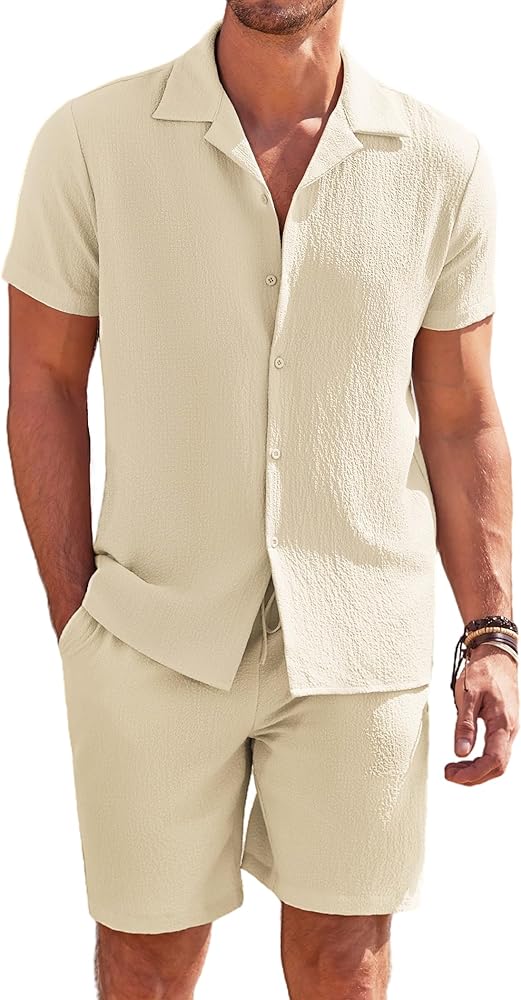 COOFANDY Men's 2 Piece Beach Outfits Short Sleeve Shirts and Shorts Set Summer Vacation Outfits