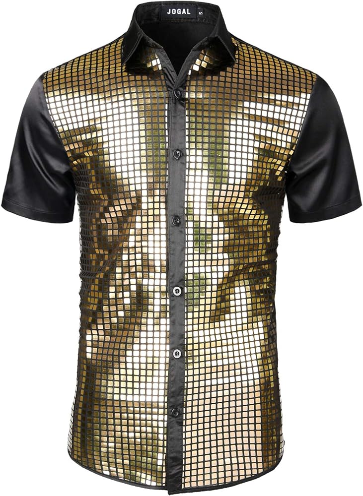 JOGAL Mens 70s Disco Shirt Silver Sequins Party Costume Short Sleeve Button Down Shirts