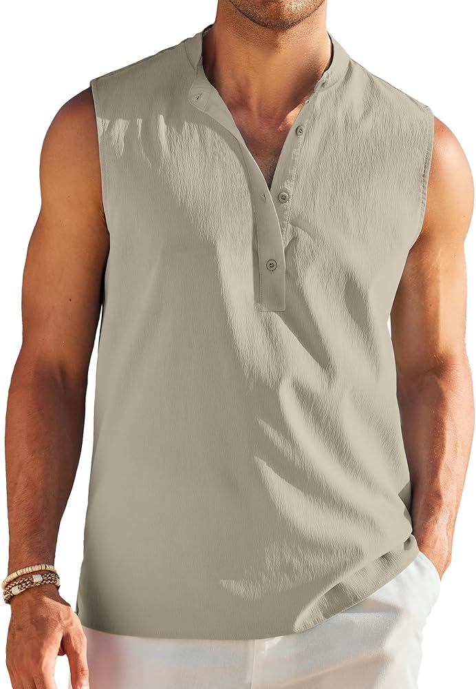 COOFANDY Sleeveless Beach Shirts for Men Summer Tank Shirts Casual Henley Tank Top