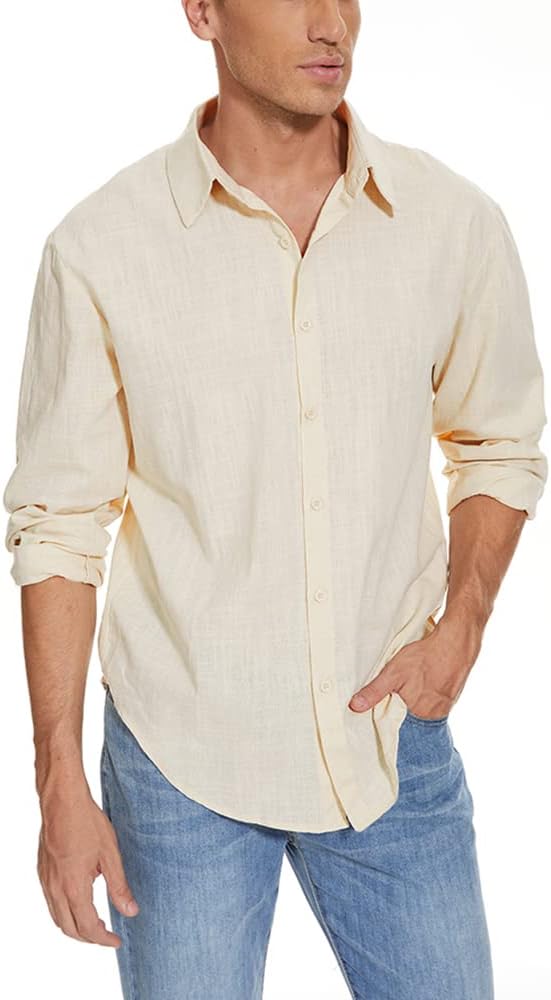 Mens Long Sleeve Cotton Linen Shirts Button Down Beach Yoga Casual Summer Shirt Tops