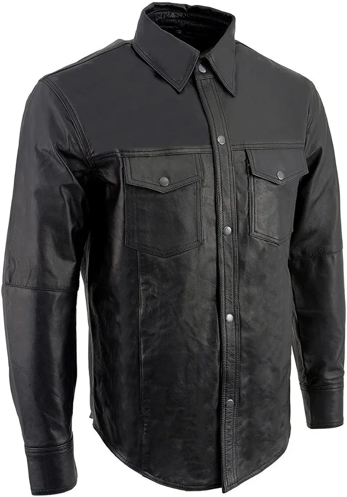 Milwaukee Leather LKM1600 Men's Black Lightweight Casual Biker Style Leather Shirt - 6X-Large