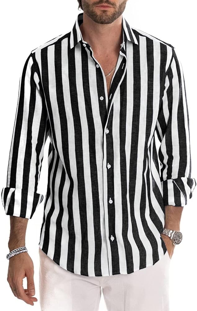 Rela Bota Mens Fashion Striped Shirts Beach Casual Button Down Henley Shirts Long Sleeve Dress Shirts Cotton Shirts