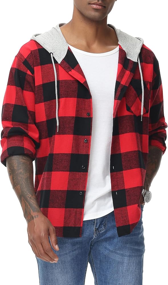 MCEDAR Men's Flannel Hoodie Plaid Shirts Jacket Casual Long Sleeve Button Down Lightweight Hooded Shirt