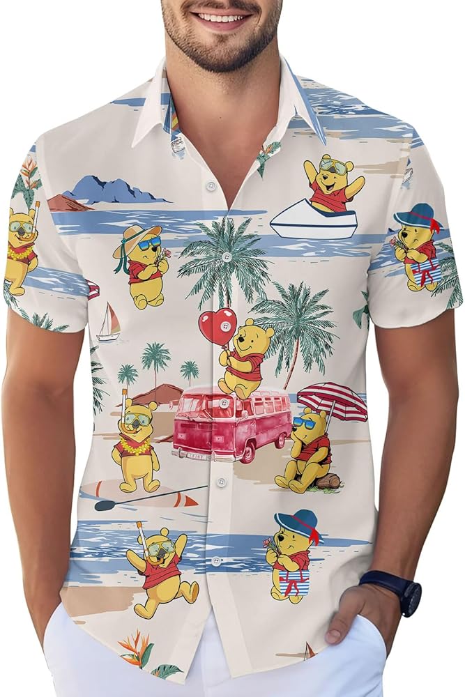 Yellow Bear Button Down Shirt for Men, Cartoon Character Mens Casual Hawaiian Shirt, Summer Short Sleeve Shirt