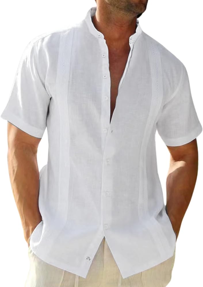 Short Sleeve Button Down Linen Shirts for Men Casual Cotton Summer Beach Shirt Tops