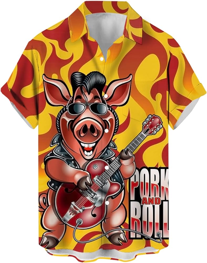 Pig BBQ Pock and Roll Flame Print Beach Men's Hawaiian Big and Tall Shirt Red 2XL