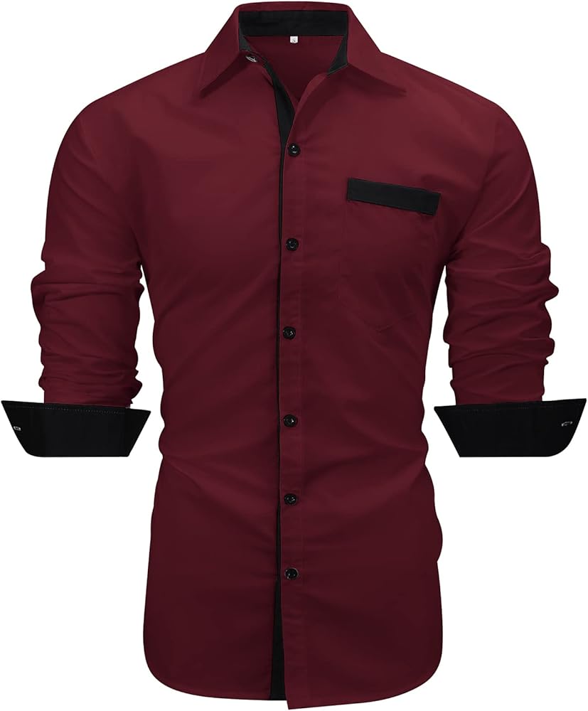 NeedBo Mens Long Sleeve Dress Shirts Slim-Fit Contrast Color Casual Button Down Shirts with Pocket