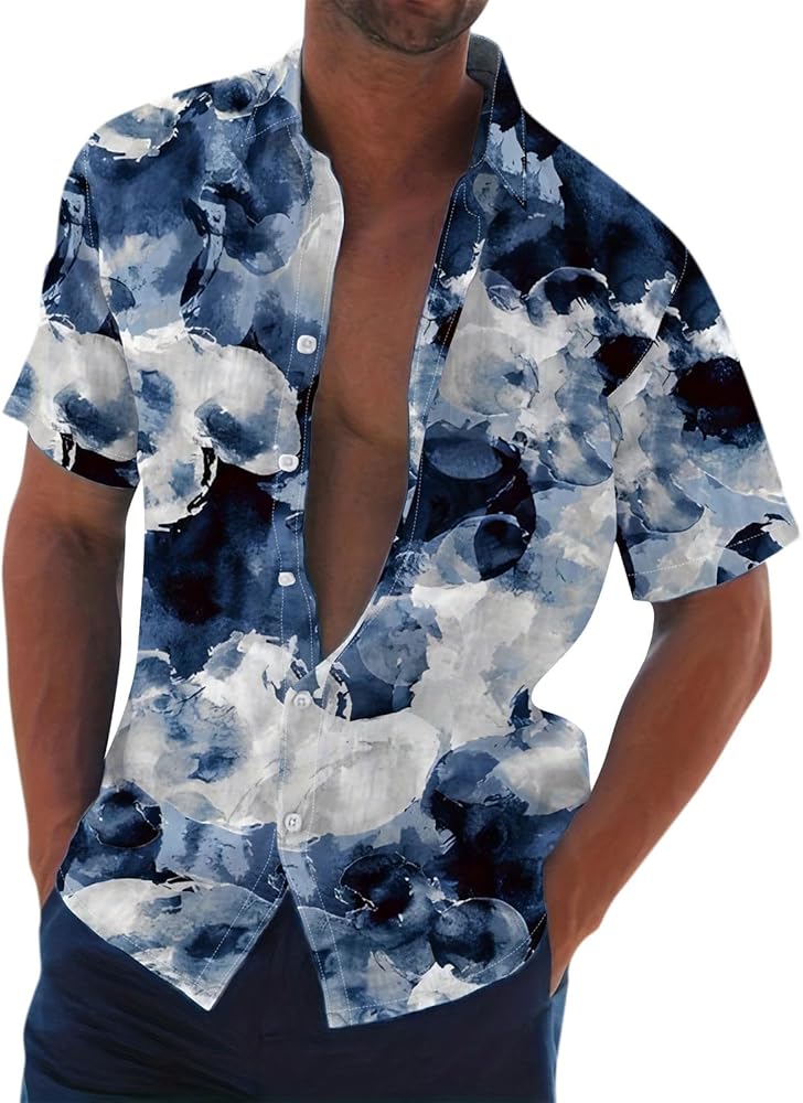 Hawaiian Shirt for Men Watercolor Print Camp Collar Shirts Button Down Short Sleeve Tops Beach Casual Summer Blouse