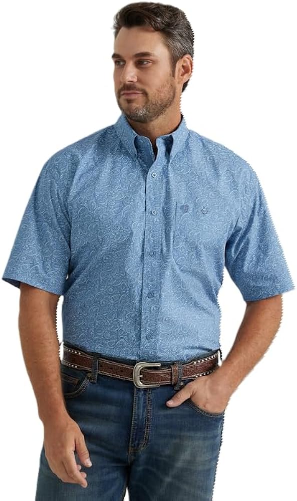 Wrangler Men's George Strait Collection Stone Blue & Paisley Short Sleeve Western Shirt 112346536