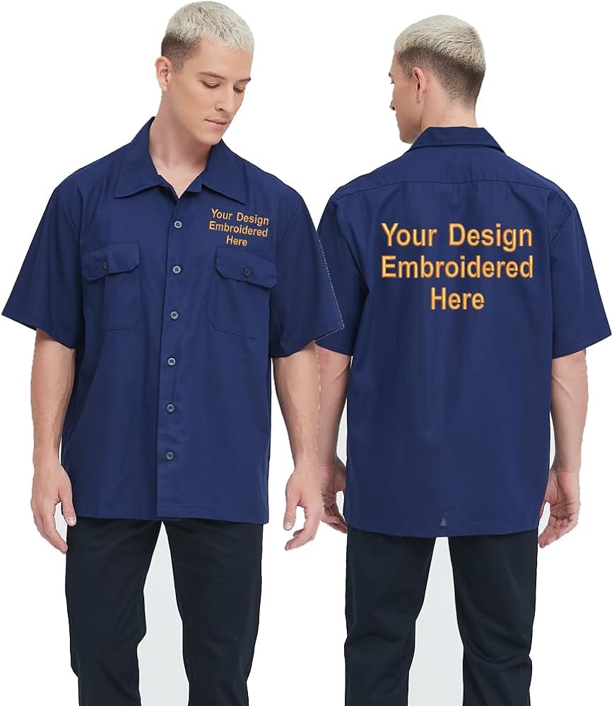 TopTie Men's Add Your Text Embroidered Short-Sleeve Work Shirt Industrial Poplin Work Shirt