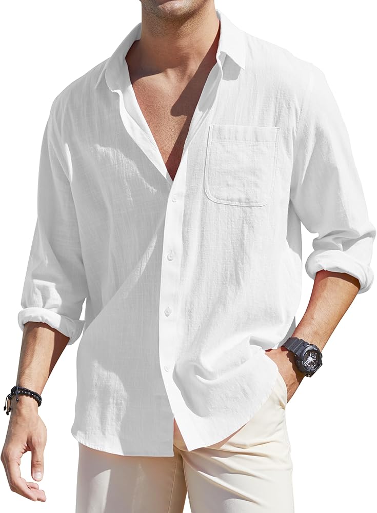 Men's Loose-Fit Long-Sleeve Untucked Cotton Linen Business Casual Button Down Shirt with Pocket