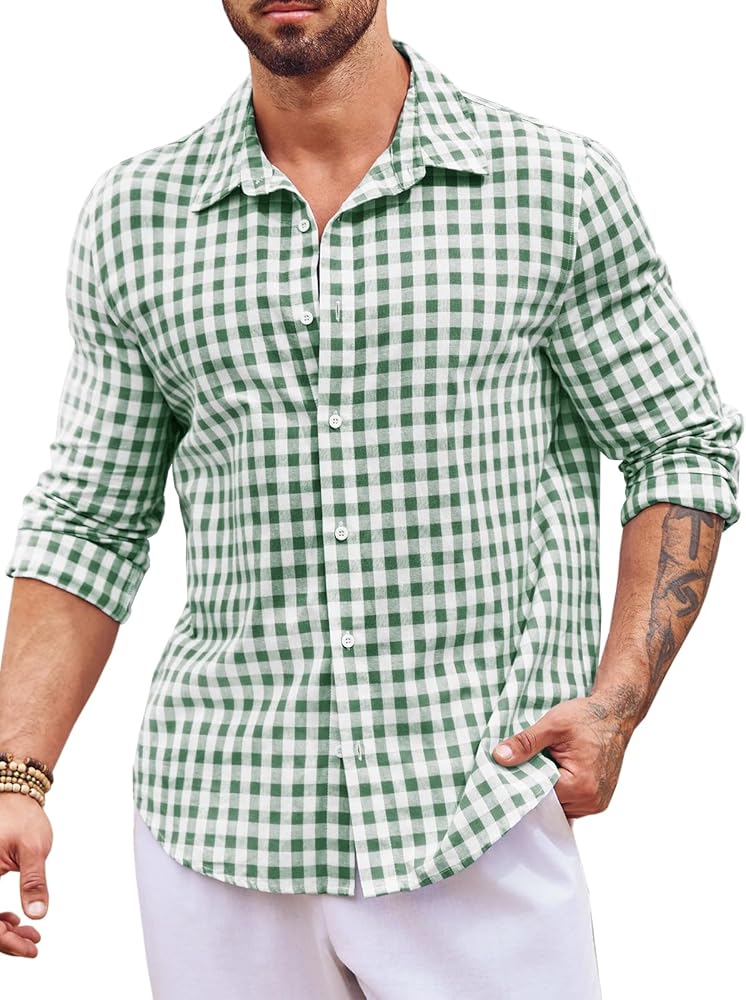 Runcati Mens Button Down Shirts Plaid Long Sleeve Cotton Collared Casual Summer Beach Shirt