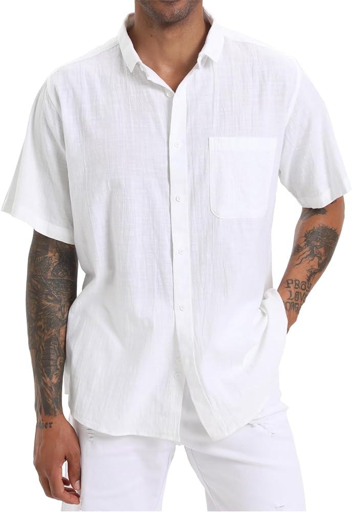 Men's Cotton Linen Beach Summer Shirts Casual Stylish Short Sleeve Button Down Regular Fit Dress Tops with Pocket