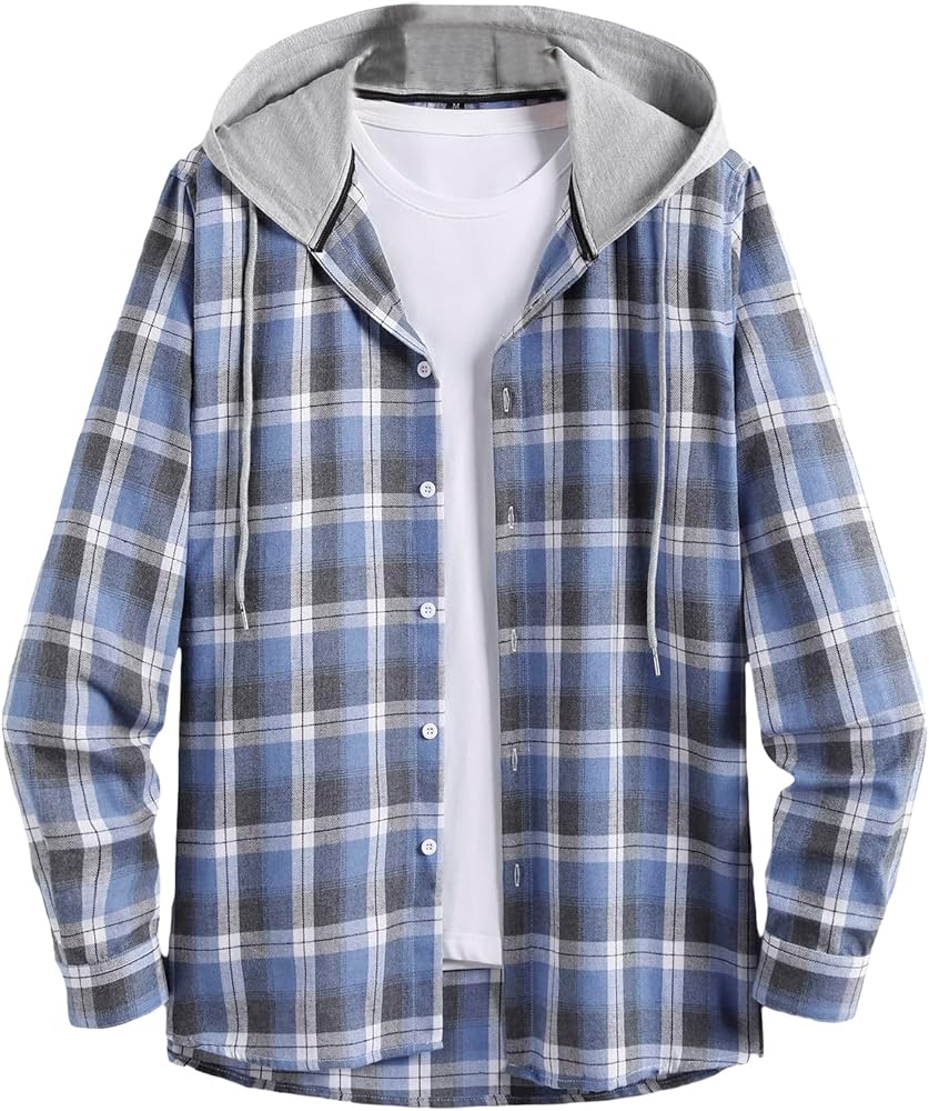 SOLY HUX Men's Plaid Button Down Long Sleeve Shirt Drawstring Hoodies Shirts